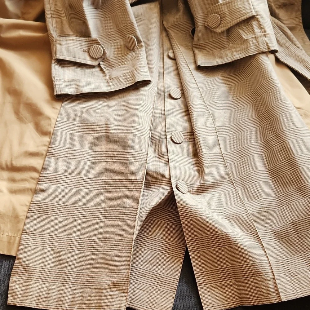 Zara Tan Plaid Houndstooth Double Breasted Trench Coat Size M - Picture 16 of 16